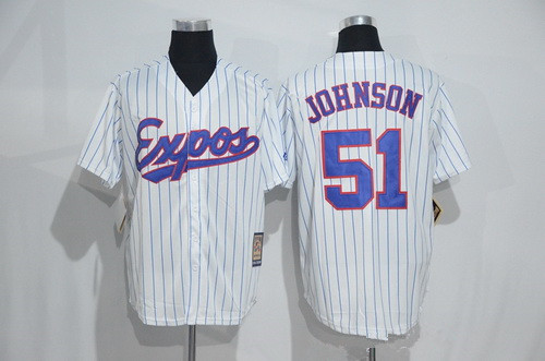 Men's Montreal Expos #51 Randy Johnson 1982 White Pinstripe Majestic Cool Base Cooperstown Collection Player Jersey