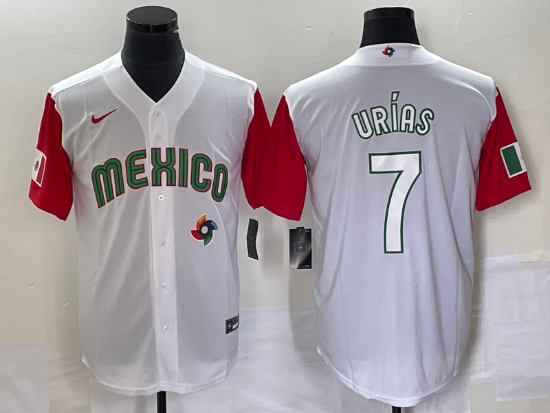 Men's Mexico Baseball #7 Julio Urias Number 2023 White Red World Classic Stitched Jersey 39