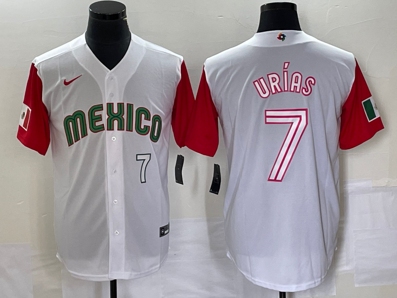 Men's Mexico Baseball #7 Julio Urias Number 2023 White Red World Classic Stitched Jersey 41