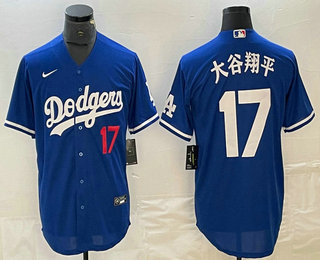 Men's Los Angeles Dodgers #17 大谷翔平 Blue Japanese Name Player Number Cool Base Jersey