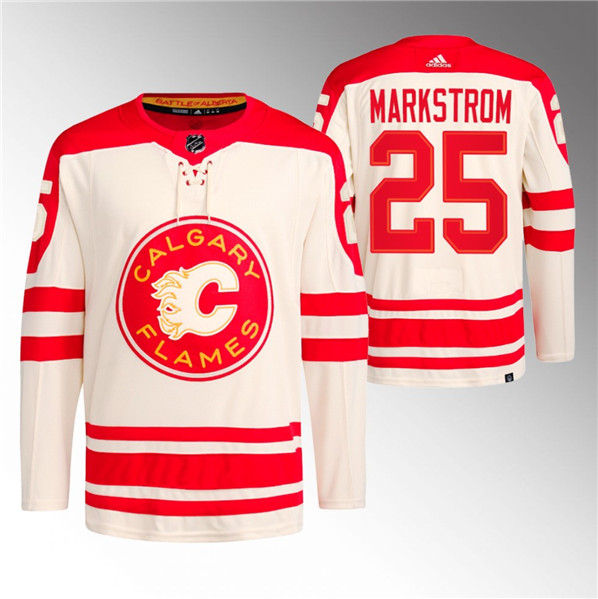 Men's Calgary Flames #25 Jacob Markstrom 2023 Cream Classic Primegreen Stitched Jersey