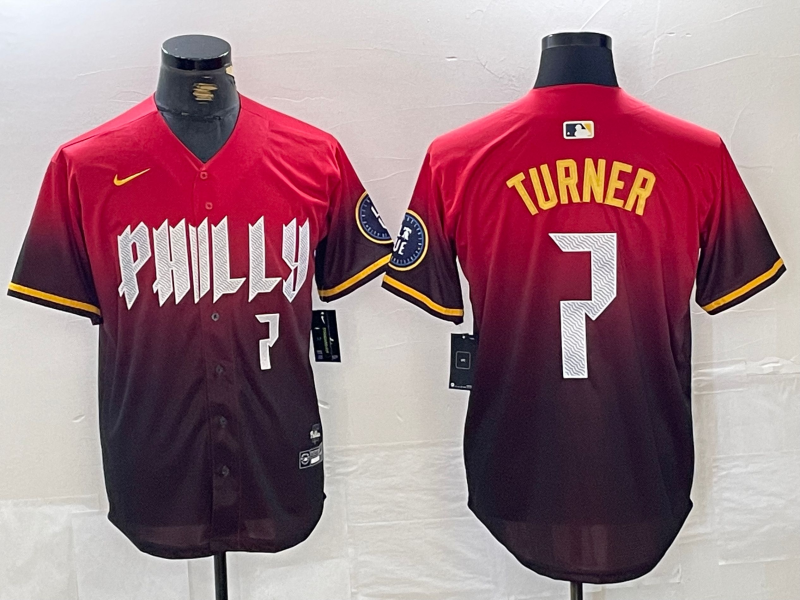 Men's Philadelphia Phillies #7 Trea Turner Red 2024 City Player Number Cool Base Jersey