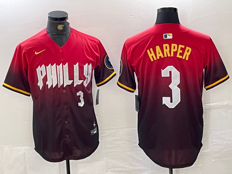 Men's Philadelphia Phillies #3 Bryce Harper Red 2024 City Player Number Cool Base Jersey