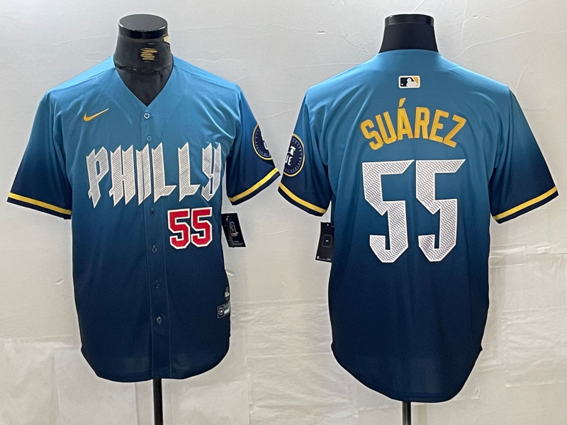 Men's Philadelphia Phillies #55 Ranger Suarez Blue 2024 City Player Number Cool Base Jerseys