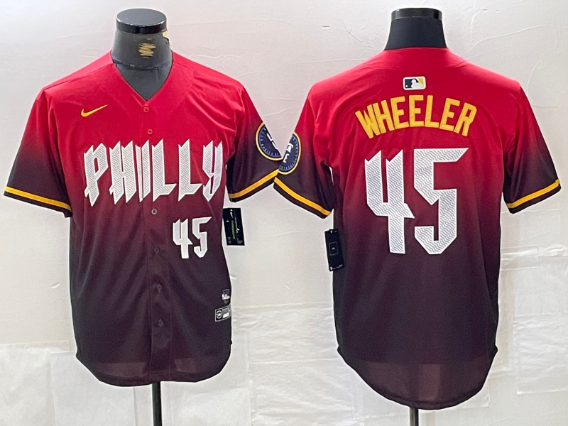 Men's Philadelphia Phillies #45 Zack Wheeler Red 2024 City Player Number Cool Base Jersey