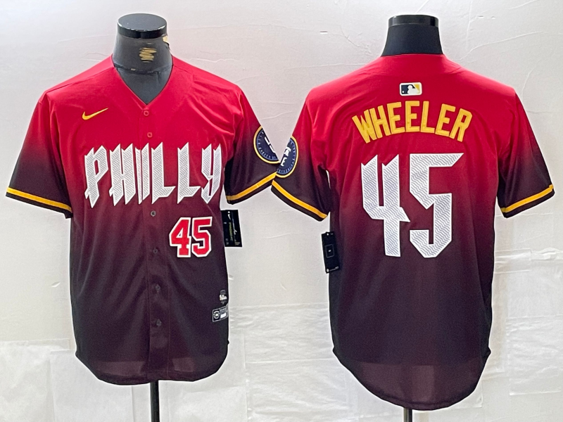 Men's Philadelphia Phillies #45 Zack Wheeler Red 2024 City Player Number Cool Base Jerseys