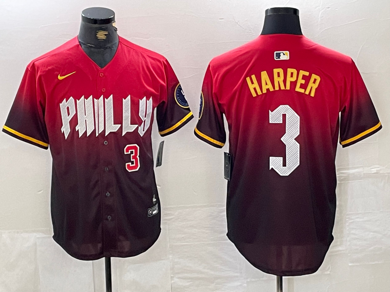 Men's Philadelphia Phillies #3 Bryce Harper Red 2024 City Player Number Cool Base Jerseys