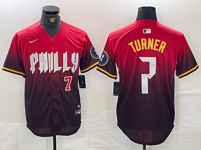 Men's Philadelphia Phillies #7 Trea Turner Red 2024 City Player Number Cool Base Jerseys