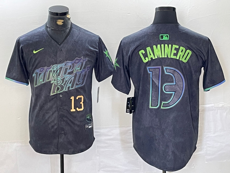 Men's Tampa Bay Rays #13 Junior Caminero Number Charcoal 2024 City Connect Limited Stitched Jerseys