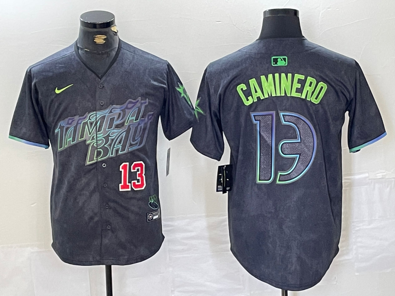 Men's Tampa Bay Rays #13 Junior Caminero Number Charcoal 2024 City Connect Limited Stitched Jersey