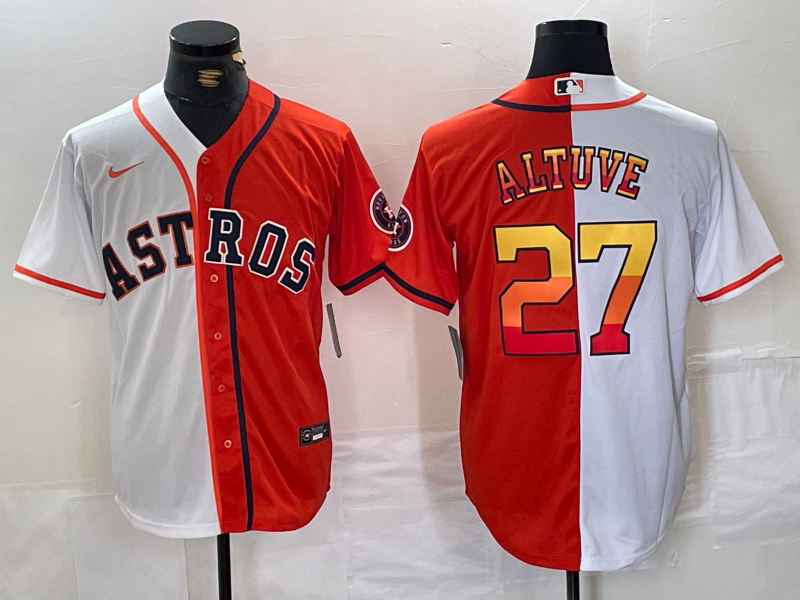 Men's Houston Astros #27 Jose Altuve White Orange Split Stitched Baseball Jersey
