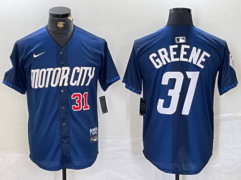 Men's Detroit Tigers #31 Riley Greene Number 2024 Navy City Connect Cool Base Limited Stitched Jersey