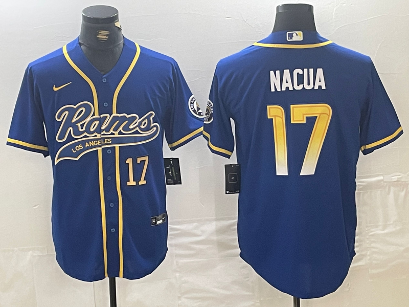 Men's Los Angeles Rams #17 Puka Nacua Number Royal With Patch Cool Base Stitched Baseball Jersey