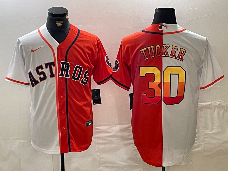 Men's Houston Astros #30 Kyle Tucker White Orange Split Stitched Baseball Jersey