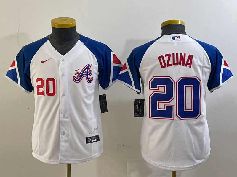Youth Atlanta Braves #20 Marcell Ozuna Number White 2023 City Connect Cool Base Stitched Jerseys