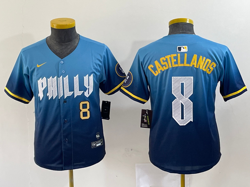 Womens Philadelphia Phillies #8 Nick Castellanos Blue 2024 City Connect Limited Stitched Jersey