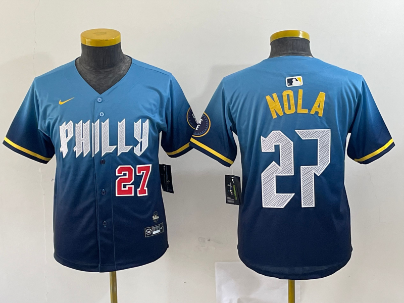 Youth Philadelphia Phillies #27 Aaron Nola Number Blue 2024 City Connect Limited Stitched Jersey