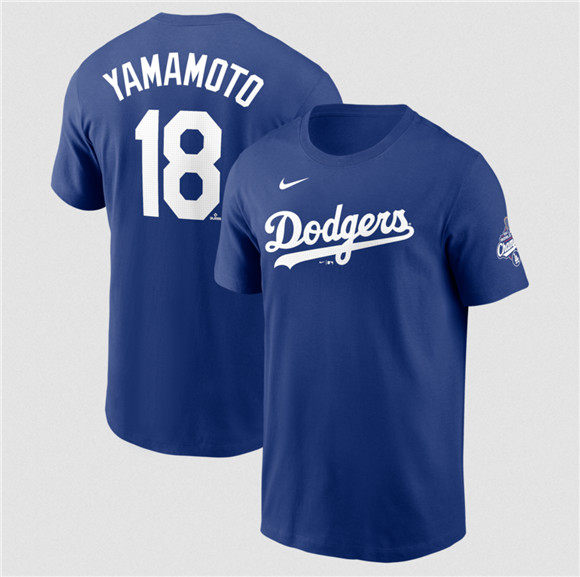 Men's Los Angeles Dodgers #18 Yoshinobu Yamamoto Royal 2025 World Series Champions Name & Number T-Shirt