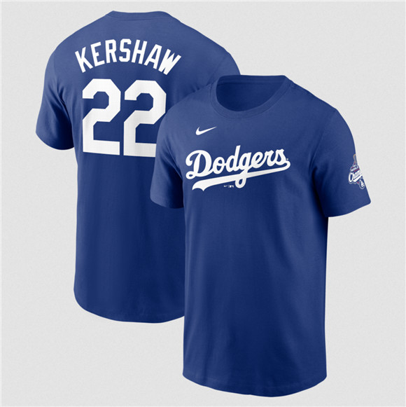 Men's Los Angeles Dodgers #22 Clayton Kershaw Royal 2025 World Series Champions Name & Number T-Shirt