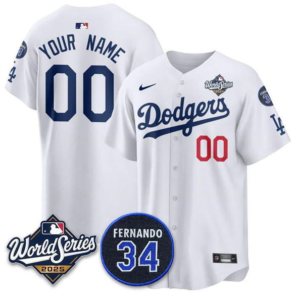 Men's Los Angeles Dodgers ACTIVE PLAYER Custom White 2025 World Series With No. 34 Patch Limited Stitched Jersey