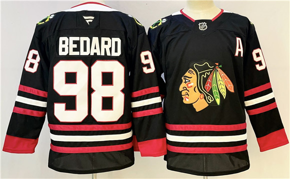 Men's Chicago Blackhawks #98 Connor Bedard Black With A Patch Stitched Hockey Jersey