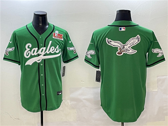 Men's Philadelphia Eagles Team Big Logo Green 2025 Super Bowl LIX Patch Stitched Baseball Jersey
