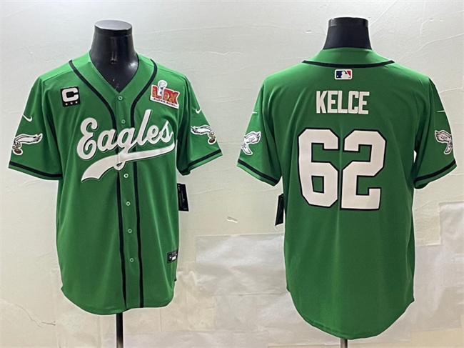 Men's Philadelphia Eagles #62 Jason Kelce Green 2025 Super Bowl LIX And 3-Star C Patch Stitched Baseball Jersey