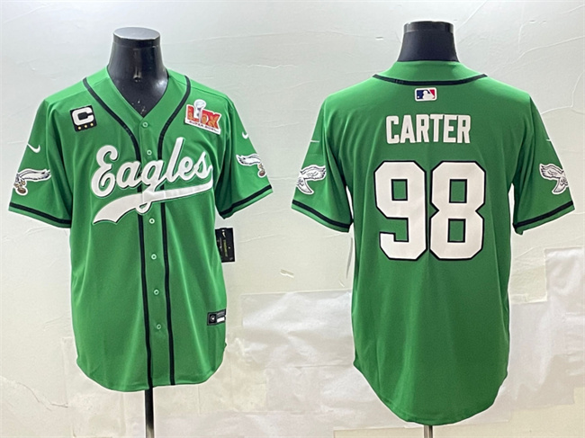 Men's Philadelphia Eagles #98 Jalen Carter Green 2025 Super Bowl LIX And 3-Star C Patch Stitched Baseball Jersey