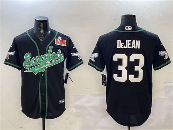 Men's Philadelphia Eagles #33 Cooper DeJean Black 2025 Super Bowl LIX Patch Cool Base Stitched Baseball Jersey