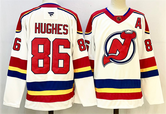 Men's New Jersey Devils #86 Jack Hughes White Red 2024-25 With A Patch Stitched Hockey Jersey