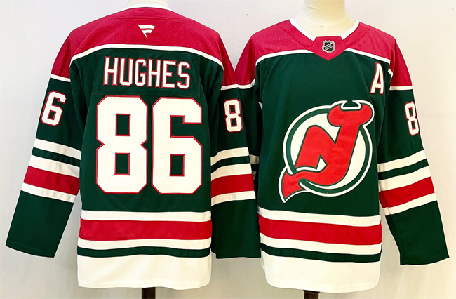 Men's New Jersey Devils #86 Jack Hughes Green Red 2024-25 With A Patch Stitched Hockey Jersey