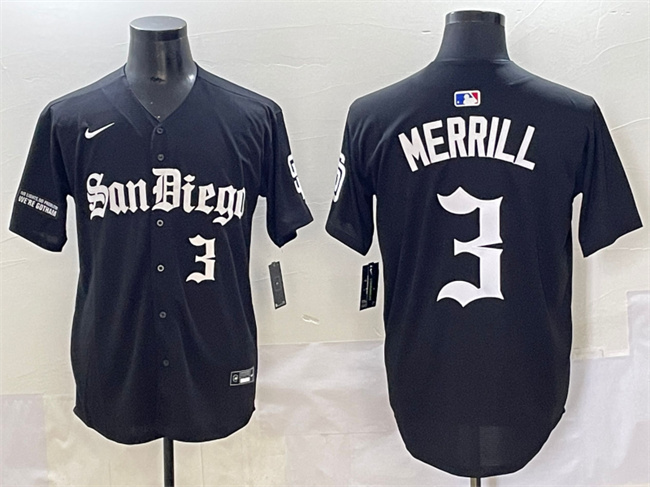 Men's San Diego Padres #3 Jackson Merrill Black Gothic Edition Vapor Limited Stitched Baseball Jersey