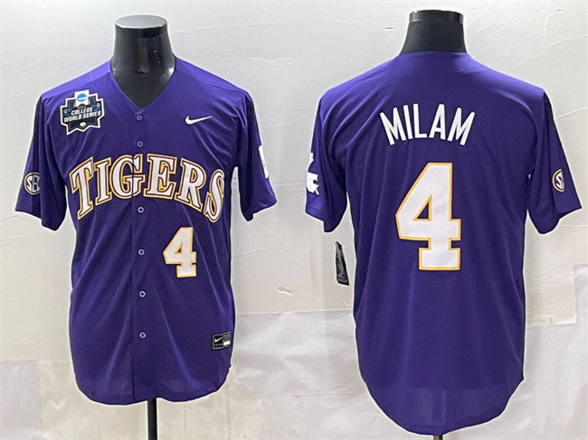 Men's LSU Tigers #4 Steven Milam Purple 2025 World Series & SEC Patch Stitched Baseball Jersey