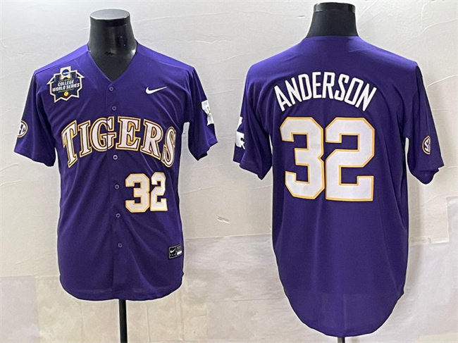 Men's LSU Tigers #32 Kade Anderson Purple 2025 World Series & SEC Patch Stitched Baseball Jersey