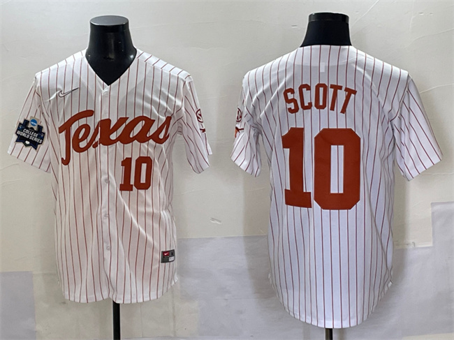 Men's Texas Longhorns #10 Mia Scott White Pinstripe 2025 World Series & SEC Patch Stitched Jersey