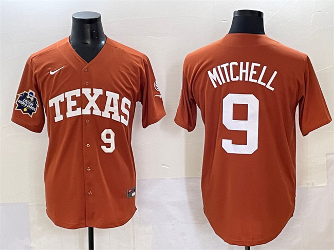 Men's Texas Longhorns #9 Joley Mitchell Orange 2025 World Series & SEC Patch Stitched Jersey