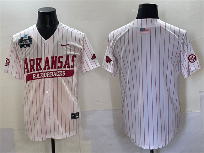Men's Arkansas Razorbacks Blank White Pinstripe 2025 World Series & SEC Patch Stitched Jersey