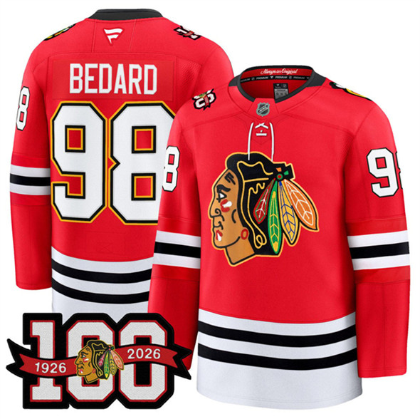 Men's Chicago Blackhawks #98 Connor Bedard Red 2025 Home 100th Anniversary Stitched Hockey Jersey