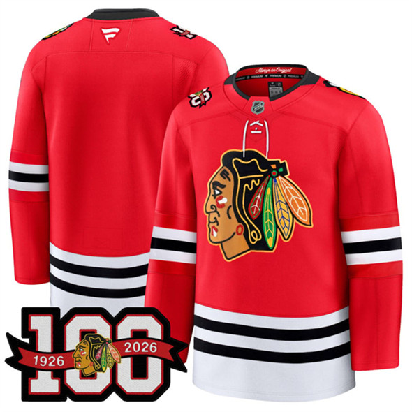 Men's Chicago Blackhawks Blank Red 2025 Home 100th Anniversary Stitched Hockey Jersey