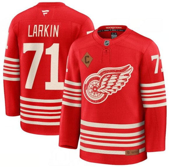 Men's Detroit Red Wings #71 Dylan Larkin Red 2025 With C Patch Centennial Premium Stitched Jersey