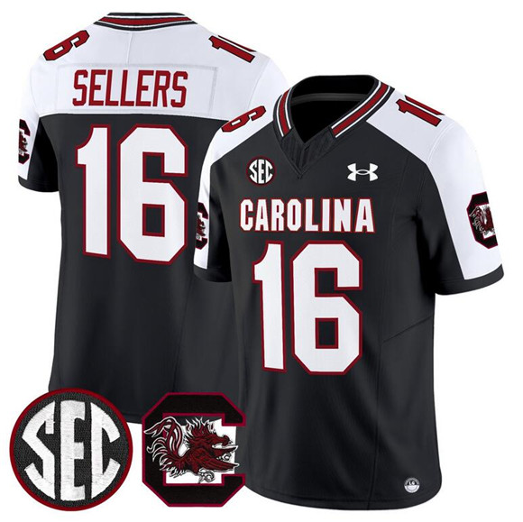 Men's South Carolina Fighting Gamecocks #16 LaNorris Sellers Black White 2025 F.U.S.E. Stitched Jersey