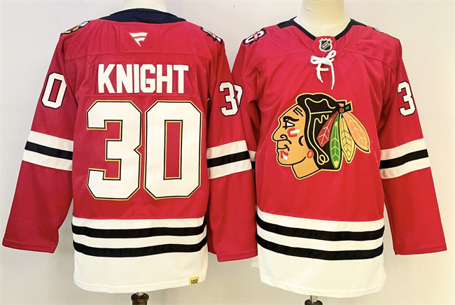 Men's Chicago Blackhawks #30 Spencer Knight Red 2025 Home 100th Anniversary Stitched Hockey Jersey
