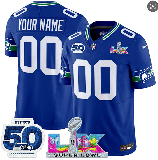Men's Seattle Seahawks Active Player Custom Royal 2025 F.U.S.E. Super Bowl LX Patch And 50th Season Patch Vapor Throwback Limited Football Stitched Jersey