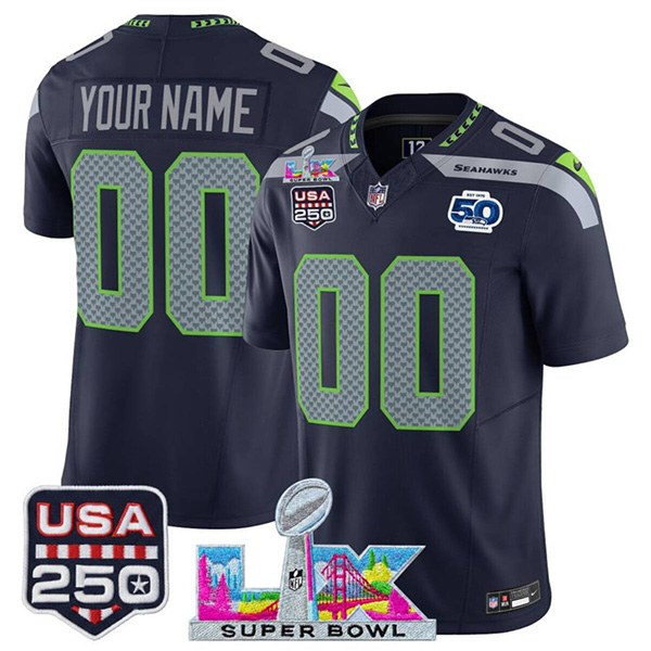 Men's Seattle Seahawks Active Player Custom Navy 2025 F.U.S.E. Super Bowl LX Patch 50th Season & USA 250' Patch Vapor Limited Football Stitched Jersey