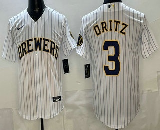 Men's Milwaukee Brewers #3 Joey Ortiz White Cool Base Jersey