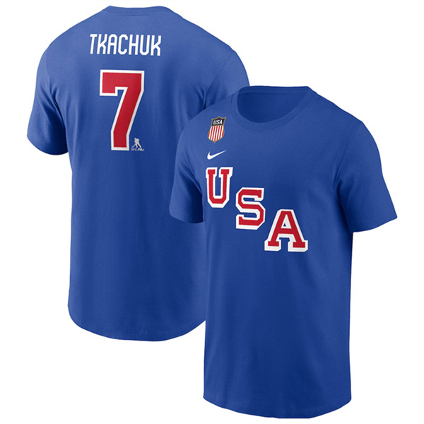 Men's US Hockey #7 Brady Tkachuk Royal 2026 Name & Number T-Shirt