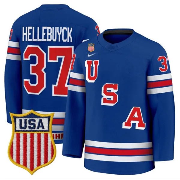 Men's USA #37 Connor Hellebuyck Home Blue 2026 Olympic Hockey Jersey