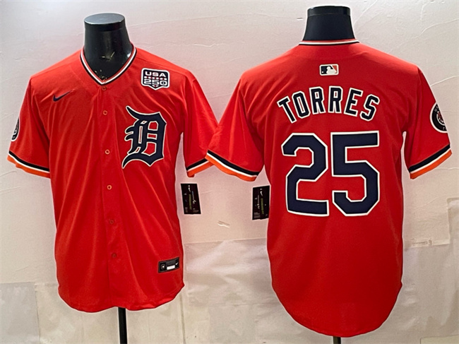 Men's Detroit Tigers #25 Gleyber Torres Orange 2026 Alternate USA 250' Patch Vapor Premier Limited Stitched Baseball Jersey