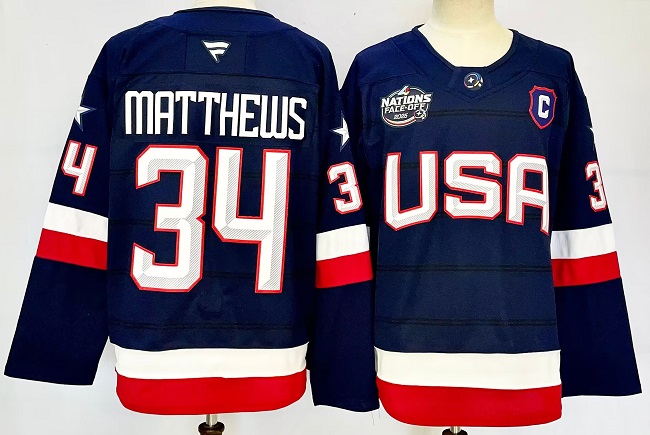 Men's USA #34 Auston Matthews Navy 2025 4 Nations Stitched Jersey