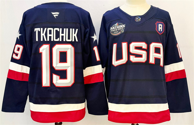Men's USA #19 Matthew Tkachuk Navy 2025 With A Patch 4 Nations Face-Off Stitched Jersey